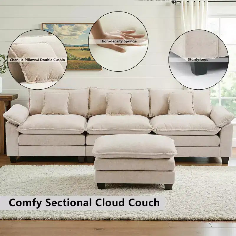 EHMKNP 112 L-Shaped Modular Sectional Sofa  Comfy Cloud Couch with Movable Ottoman, Deep Seat Cushions for Living Room