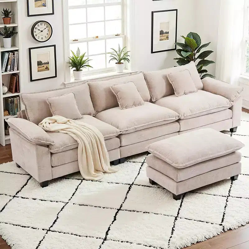 EHMKNP 112 L-Shaped Modular Sectional Sofa  Comfy Cloud Couch with Movable Ottoman, Deep Seat Cushions for Living Room