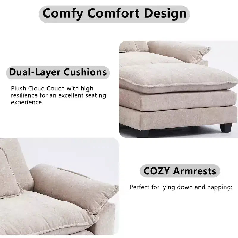 EHMKNP 112 L-Shaped Modular Sectional Sofa  Comfy Cloud Couch with Movable Ottoman, Deep Seat Cushions for Living Room
