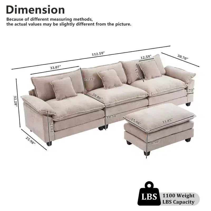 EHMKNP 112 L-Shaped Modular Sectional Sofa  Comfy Cloud Couch with Movable Ottoman, Deep Seat Cushions for Living Room