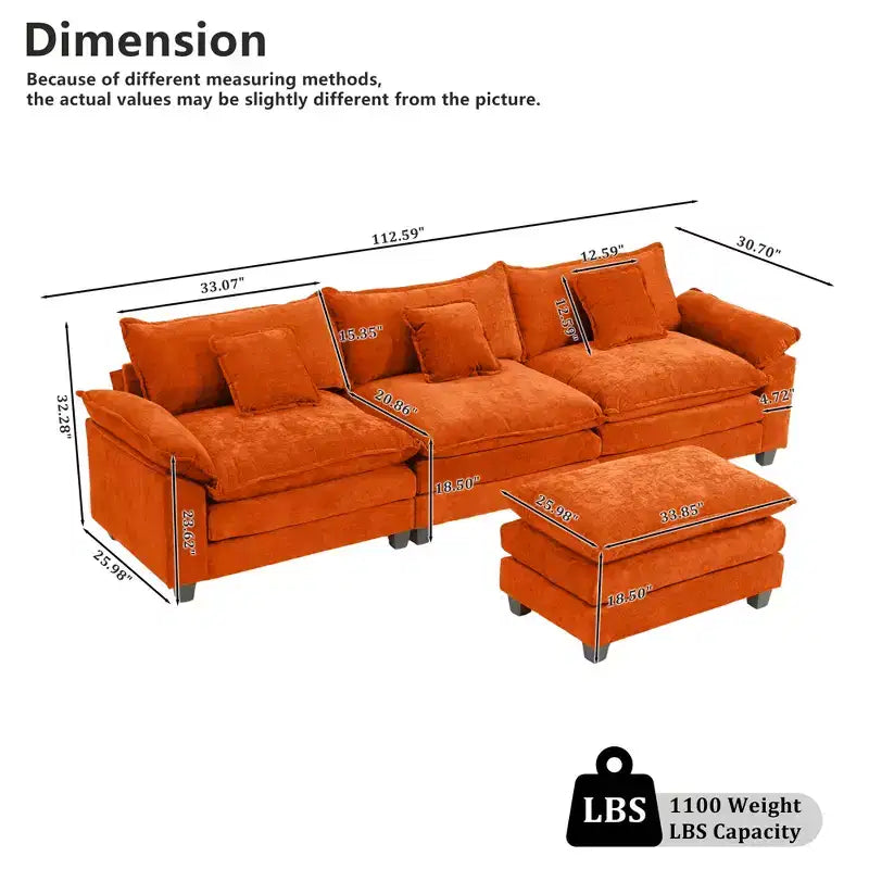 EHMKNP 112 L-Shaped Modular Sectional Sofa  Comfy Cloud Couch with Movable Ottoman, Deep Seat Cushions for Living Room