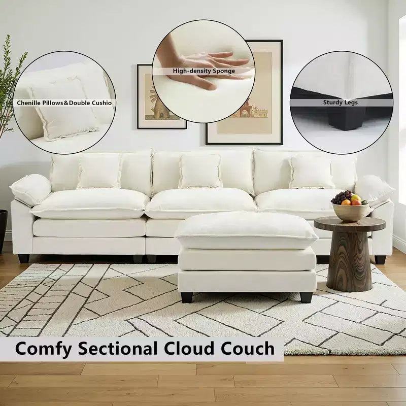 EHMKNP 112 L-Shaped Modular Sectional Sofa  Comfy Cloud Couch with Movable Ottoman, Deep Seat Cushions for Living Room