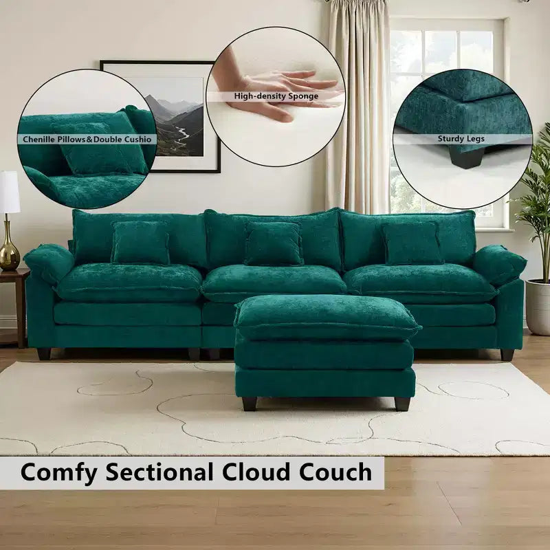 EHMKNP 112 L-Shaped Modular Sectional Sofa  Comfy Cloud Couch with Movable Ottoman, Deep Seat Cushions for Living Room