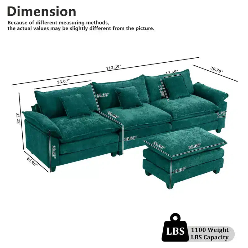 EHMKNP 112 L-Shaped Modular Sectional Sofa  Comfy Cloud Couch with Movable Ottoman, Deep Seat Cushions for Living Room