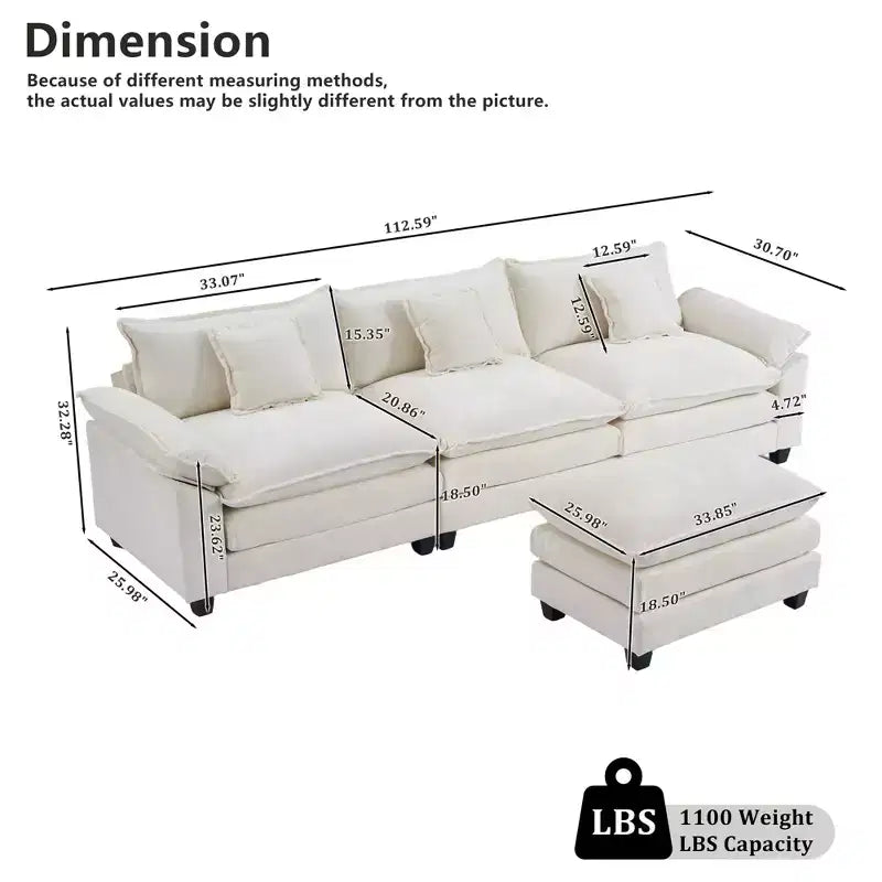 EHMKNP 112 L-Shaped Modular Sectional Sofa  Comfy Cloud Couch with Movable Ottoman, Deep Seat Cushions for Living Room