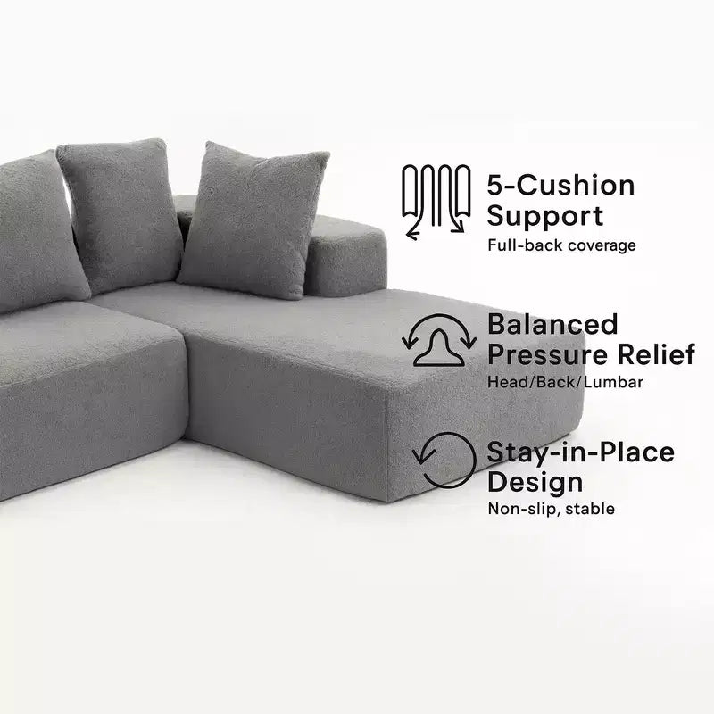 Whisen Modern L-Shaped Modular Sofa, Full Foam Compressed Sofa Couch with Soft Cushions, 5 Pillows