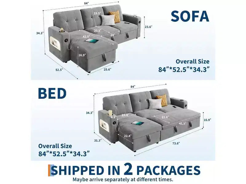 COZONY 84 Sleeper Sofa with Storage, Convertible Velvet Sectional Couch Bed with LED Lights, Reversible Chaise & Pull-Out Bed for Living Room