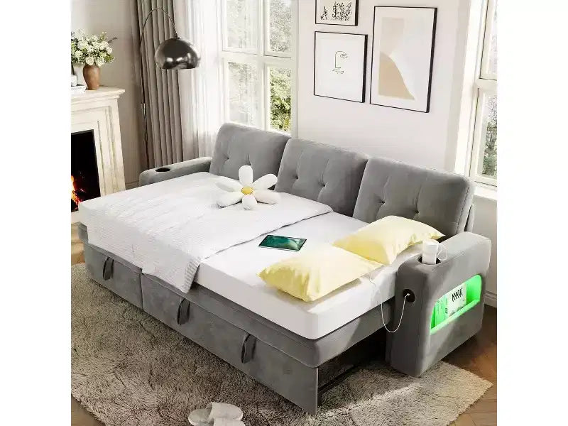 COZONY 84 Sleeper Sofa with Storage, Convertible Velvet Sectional Couch Bed with LED Lights, Reversible Chaise & Pull-Out Bed for Living Room