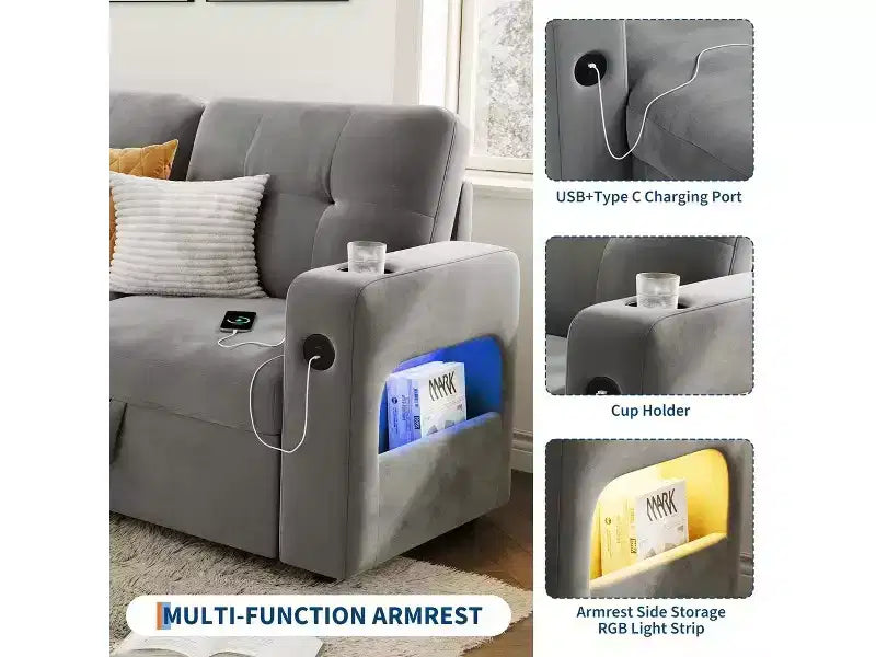 COZONY 84 Sleeper Sofa with Storage, Convertible Velvet Sectional Couch Bed with LED Lights, Reversible Chaise & Pull-Out Bed for Living Room