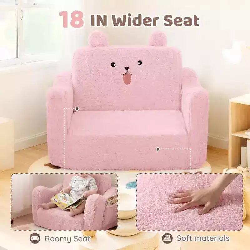Kinder King Toddler Sofa Chair, 2-in-1 Foldable Baby Couch Flip Open Sofa Bed for Playroom, Pink