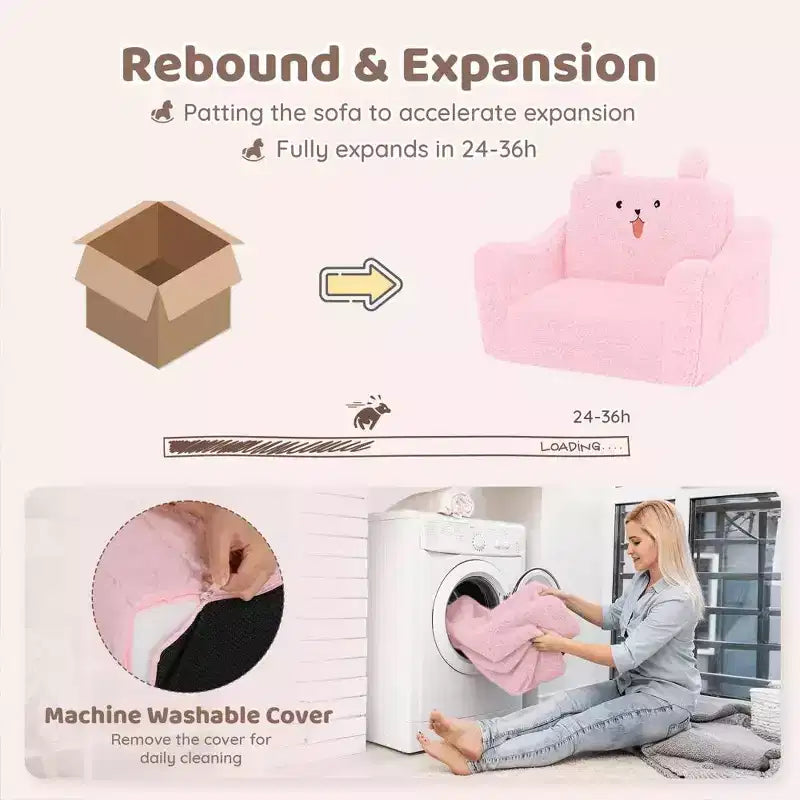 Kinder King Toddler Sofa Chair, 2-in-1 Foldable Baby Couch Flip Open Sofa Bed for Playroom, Pink