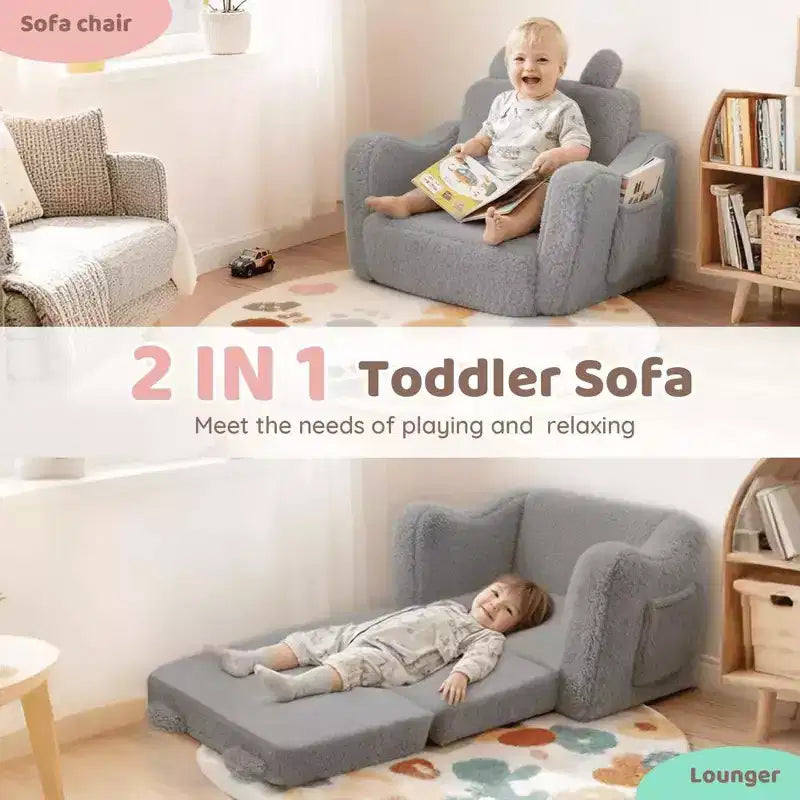 Kinder King Toddler Sofa Chair, 2-in-1 Foldable Baby Couch Flip Open Sofa Bed for Playroom, Pink