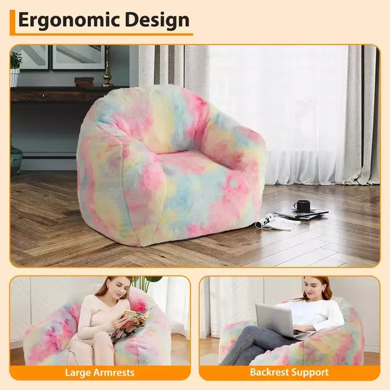 Bean Bag Chair with Armrest and Backrest,Plush Faux Fur Memory Foam Lounger,Ergonomic Beanbag Sofa Chair Sofa for Living Room,Bedroom,Office Pink