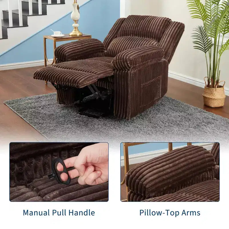 Corduroy Recliner Chair, Manual Recliner Sofa with Handle, Pillow Top Arms, Thick Padding, Side Pocket, Living Room, Bedroom, Home Theater, Dark Gray
