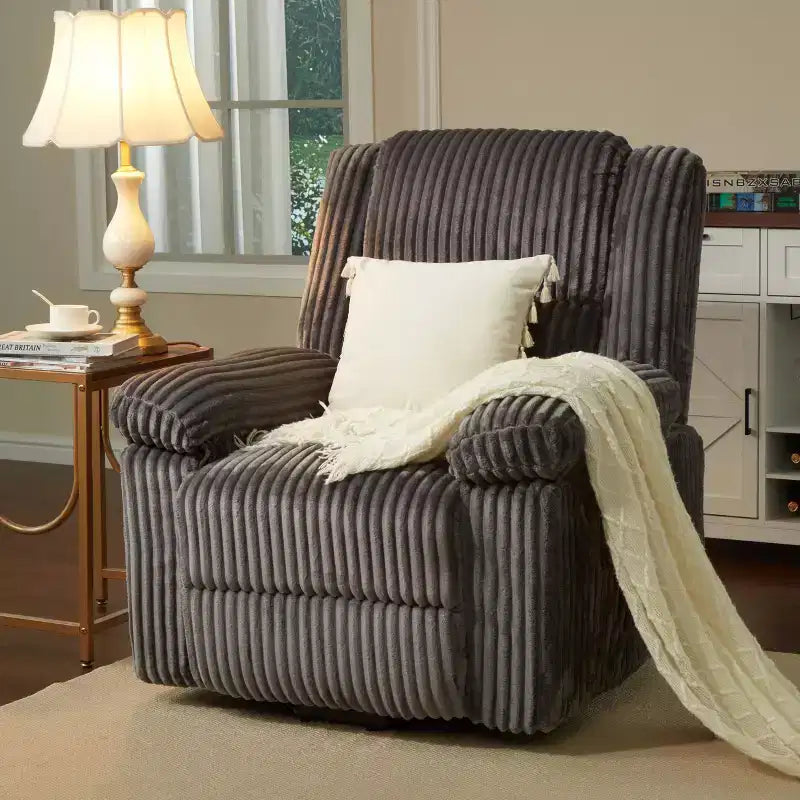 Corduroy Recliner Chair, Manual Recliner Sofa with Handle, Pillow Top Arms, Thick Padding, Side Pocket, Living Room, Bedroom, Home Theater, Dark Gray