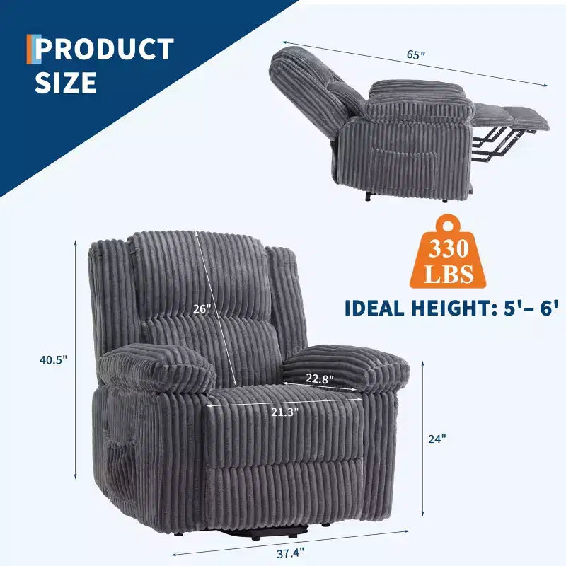 Corduroy Recliner Chair, Manual Recliner Sofa with Handle, Pillow Top Arms, Thick Padding, Side Pocket, Living Room, Bedroom, Home Theater, Dark Gray