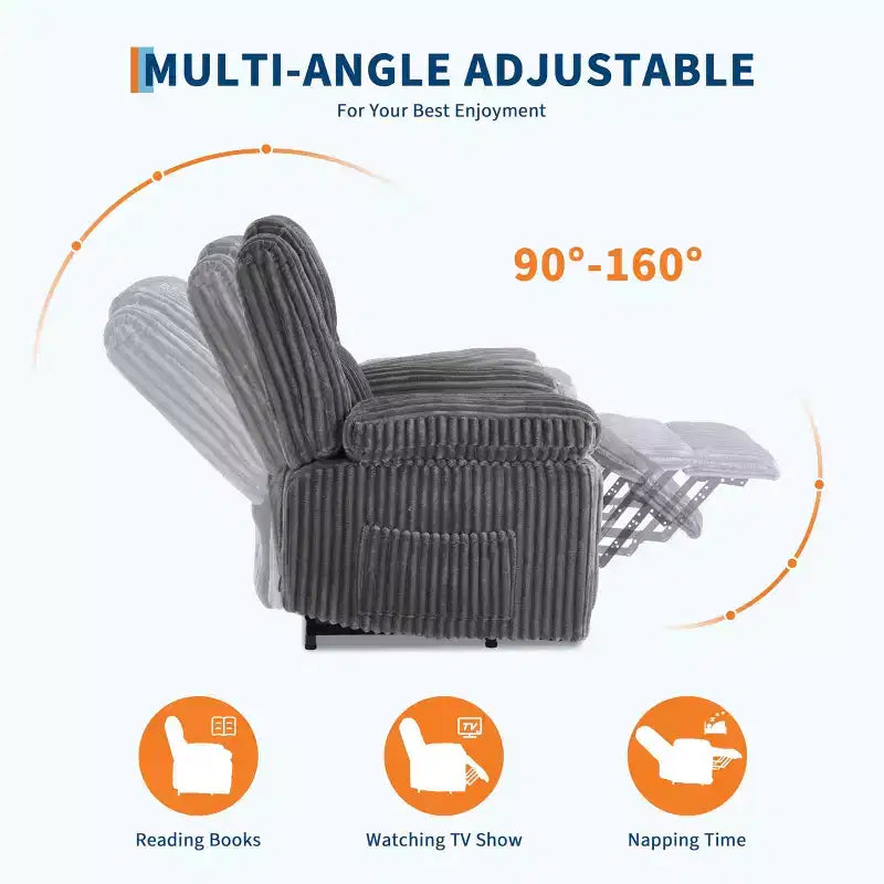 Corduroy Recliner Chair, Manual Recliner Sofa with Handle, Pillow Top Arms, Thick Padding, Side Pocket, Living Room, Bedroom, Home Theater, Dark Gray