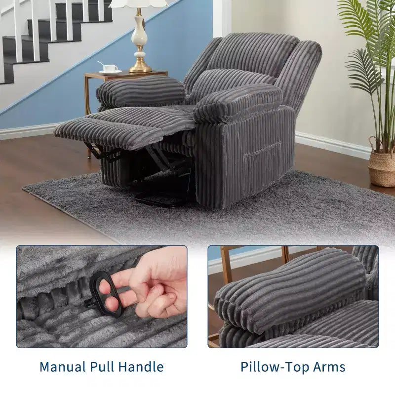 Corduroy Recliner Chair, Manual Recliner Sofa with Handle, Pillow Top Arms, Thick Padding, Side Pocket, Living Room, Bedroom, Home Theater, Dark Gray