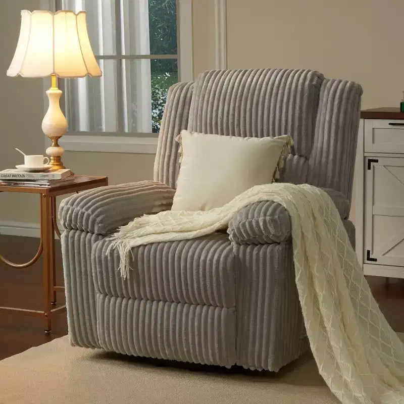 Corduroy Recliner Chair, Manual Recliner Sofa with Handle, Pillow Top Arms, Thick Padding, Side Pocket, Living Room, Bedroom, Home Theater, Dark Gray