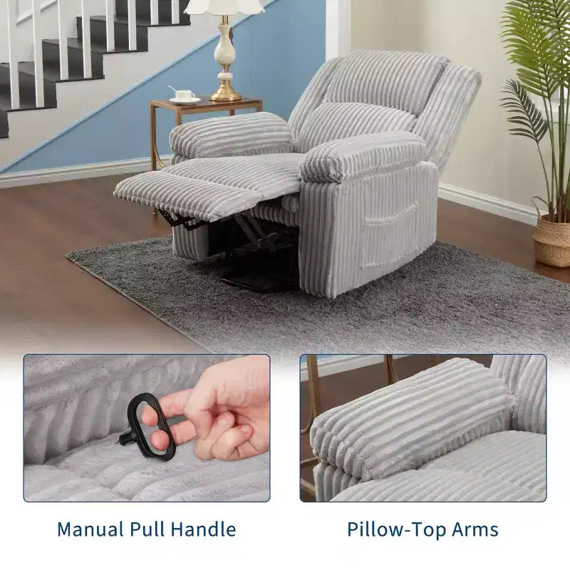 Corduroy Recliner Chair, Manual Recliner Sofa with Handle, Pillow Top Arms, Thick Padding, Side Pocket, Living Room, Bedroom, Home Theater, Dark Gray