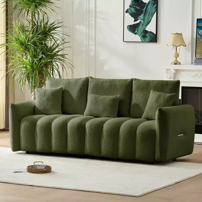 MAYEERTY 78 inch Premium Teddy Fabric Sofa with 3 Back Pillows and 3 Back Cushions Solid Wood Frame 3 Seat Sofa with Oversized Upholstered Chair Green