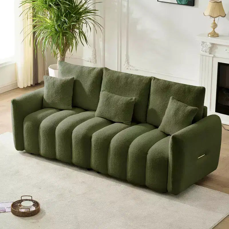 MAYEERTY 78 inch Premium Teddy Fabric Sofa with 3 Back Pillows and 3 Back Cushions Solid Wood Frame 3 Seat Sofa with Oversized Upholstered Chair Green