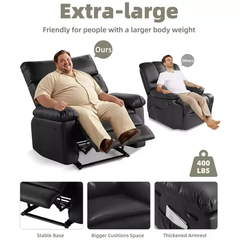 Oversized Wide Recliner Chair - Heat and Massage, PU Leather Extra Wide Manual Recliner for Adults, Large Lazy Chair with 1.5X Sponge Comfort Arm