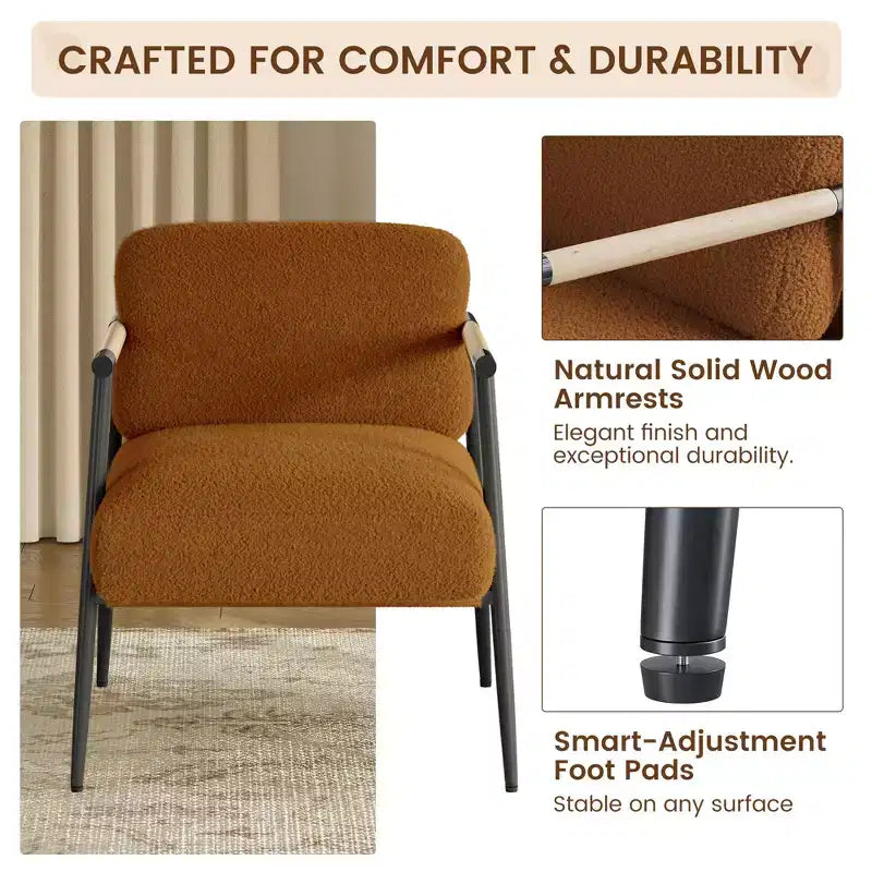 Comfy Chair, Modern Accent Chair with Metal Frame, Cozy Reading Chair with Soft Cushion & Wood Armrest for Bedroom, Living Room