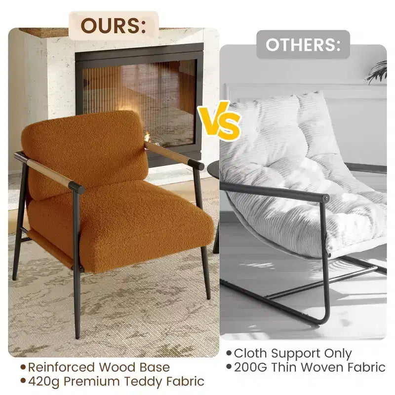 Comfy Chair, Modern Accent Chair with Metal Frame, Cozy Reading Chair with Soft Cushion & Wood Armrest for Bedroom, Living Room