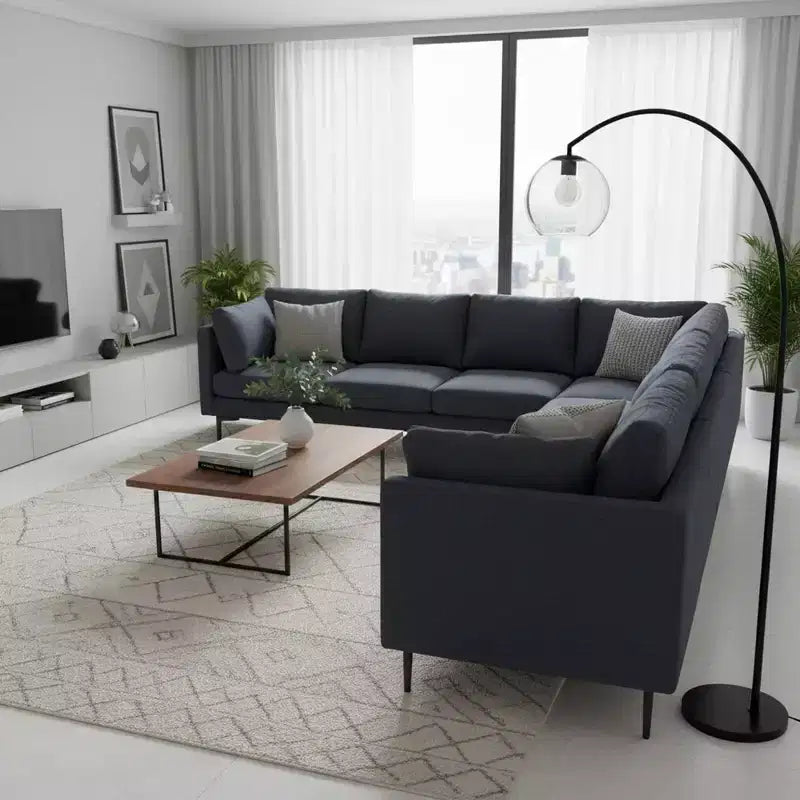 Homy Casa 106 L-Shaped Sectional Sofa, 6-Seat Modern Linen Fabric Couch with Metal Legs and 2 Pillows, Corner Living Room Seating, Dark Gray