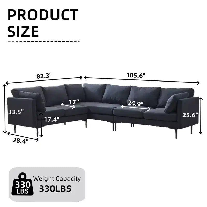 Homy Casa 106 L-Shaped Sectional Sofa, 6-Seat Modern Linen Fabric Couch with Metal Legs and 2 Pillows, Corner Living Room Seating, Dark Gray