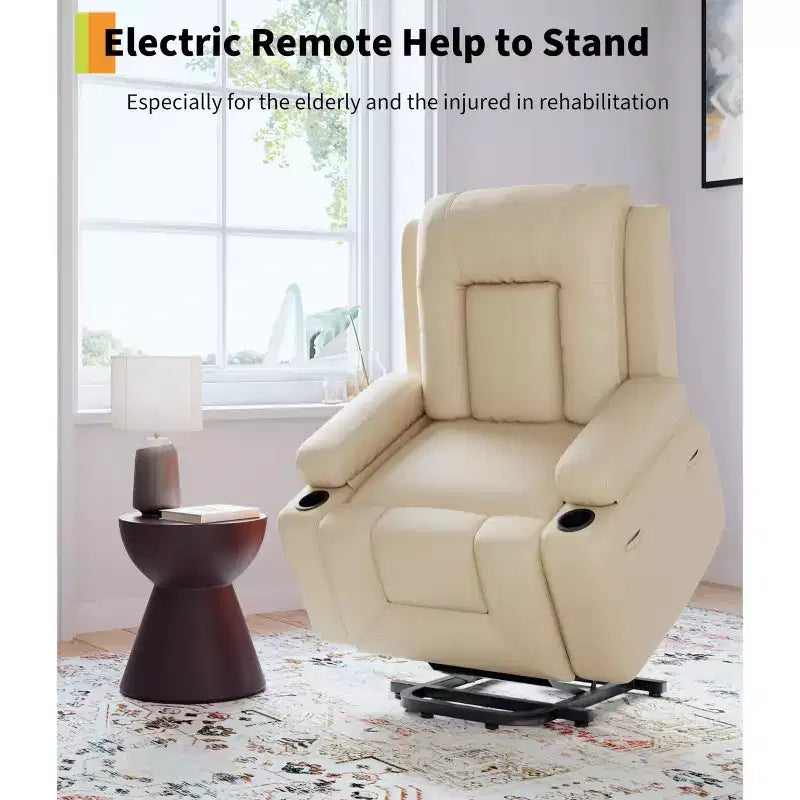 Power Lift Recliner Chair with Heat & Massage, Electric Adjustable PU Leather Recliner for Elderly, Remote Control, Side Pocket, Comfortable Support