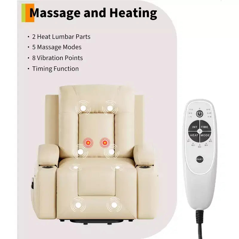 Power Lift Recliner Chair with Heat & Massage, Electric Adjustable PU Leather Recliner for Elderly, Remote Control, Side Pocket, Comfortable Support