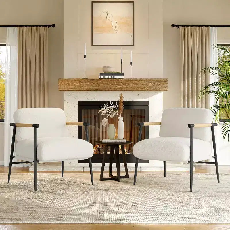 Modern Decorative Chair, Metal Frame and Wooden Armrests, Soft-padded Reading Chair for Bedrooms and Living Rooms, Ergonomic, White Single