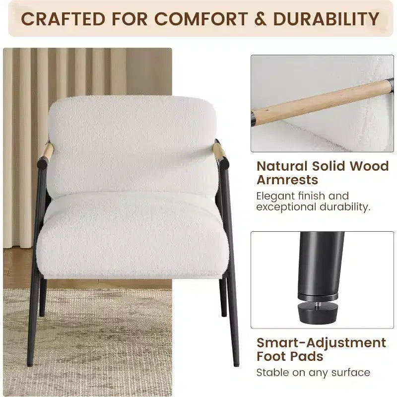 Modern Decorative Chair, Metal Frame and Wooden Armrests, Soft-padded Reading Chair for Bedrooms and Living Rooms, Ergonomic, White Single