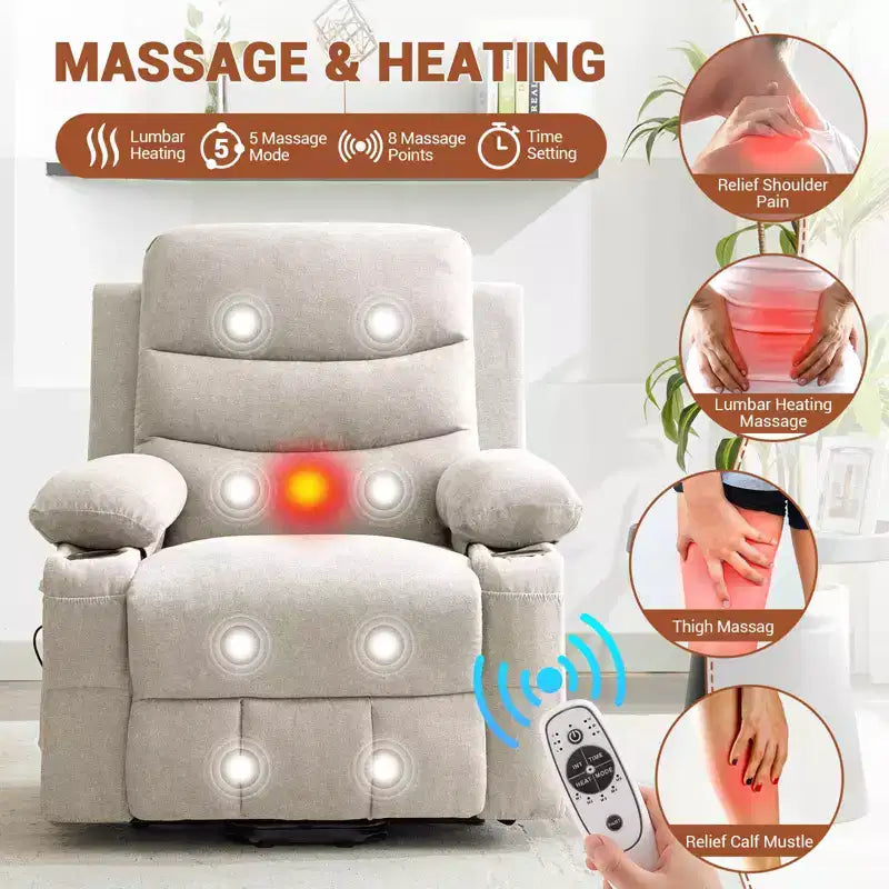 Power Lift Recliner Chair, Oversize Electric Recliners for Elderly with Heat and Massage, Cup Holders, Side Pocket, Single Sofa Seat for Living Room