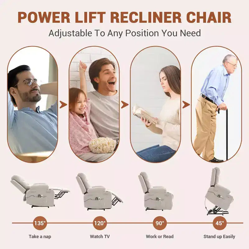 Power Lift Recliner Chair, Oversize Electric Recliners for Elderly with Heat and Massage, Cup Holders, Side Pocket, Single Sofa Seat for Living Room