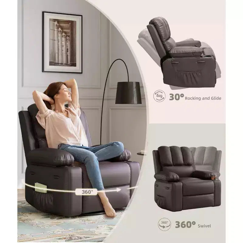 Oversized Recliner Chairs with Heat and Massage - Lazy Recliner Chair for Adults- Manual Single Sofa with Cup Holder for Living Rooms, Bedrooms