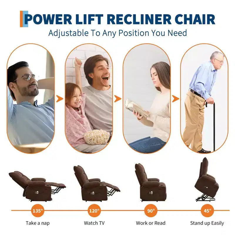 Power Lift Recliner Chair for Elderly - Electric Massage & Heat Recliner with 45 Assist Stand, Living Room Sofa, Swivel Rocker with Cup Holders