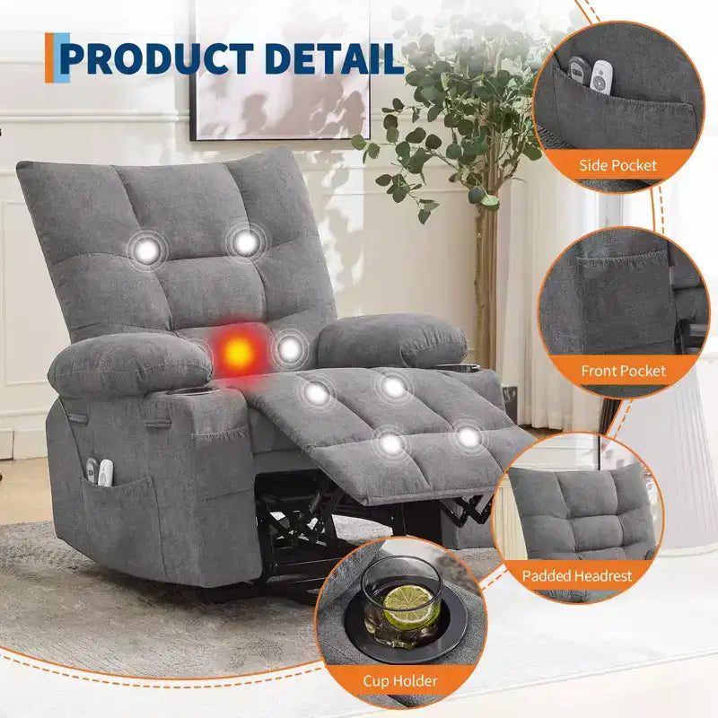 Power Lift Recliner Chair for Elderly - Electric Massage & Heat Recliner with 45 Assist Stand, Living Room Sofa, Swivel Rocker with Cup Holders