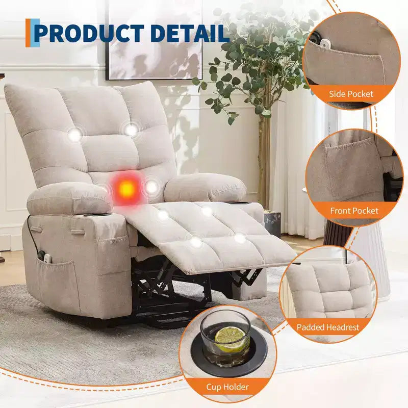 Power Lift Recliner Chair for Elderly - Electric Massage & Heat Recliner with 45 Assist Stand, Living Room Sofa, Swivel Rocker with Cup Holders