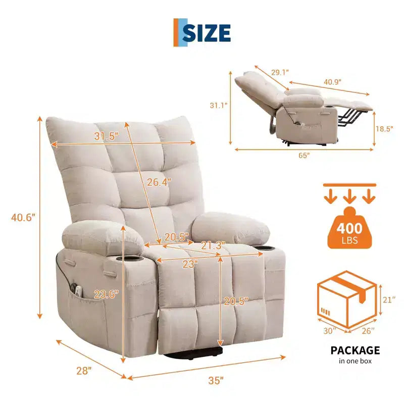 Power Lift Recliner Chair for Elderly - Electric Massage & Heat Recliner with 45 Assist Stand, Living Room Sofa, Swivel Rocker with Cup Holders