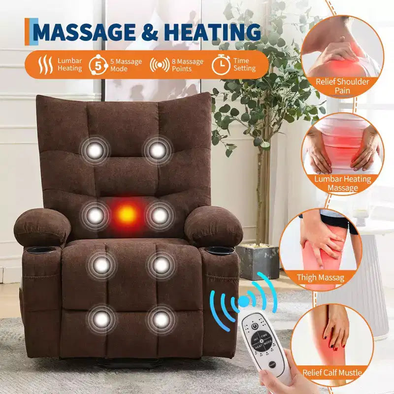Sillón Reclinable Eléctrico con Elevador de Potencia para Ancianos - Reclinable Eléctrico de Masaje y Calor con Asistencia de 45°, Sofá para Sala de Estar, Balancín Giratorio con Portavasos