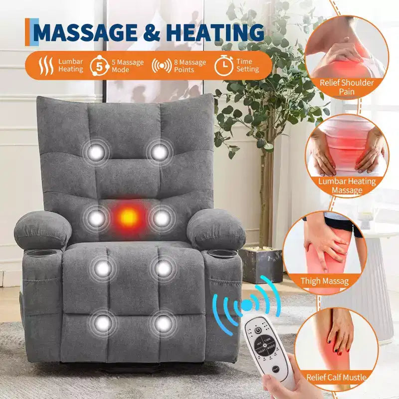 Sillón Reclinable Eléctrico con Elevador de Potencia para Ancianos - Reclinable Eléctrico de Masaje y Calor con Asistencia de 45°, Sofá para Sala de Estar, Balancín Giratorio con Portavasos