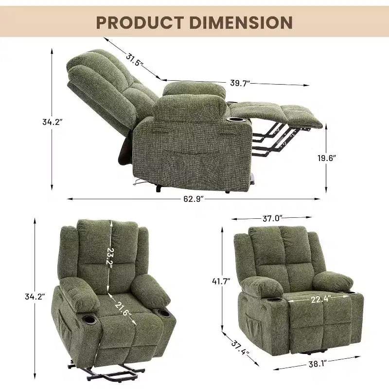 Oversized Power Lift Recliner Chair for Elderly,135Adjustable Lay Flat Lift Chair Electric Recliner Chairs with Massage and Heat, 2 Cup Holders