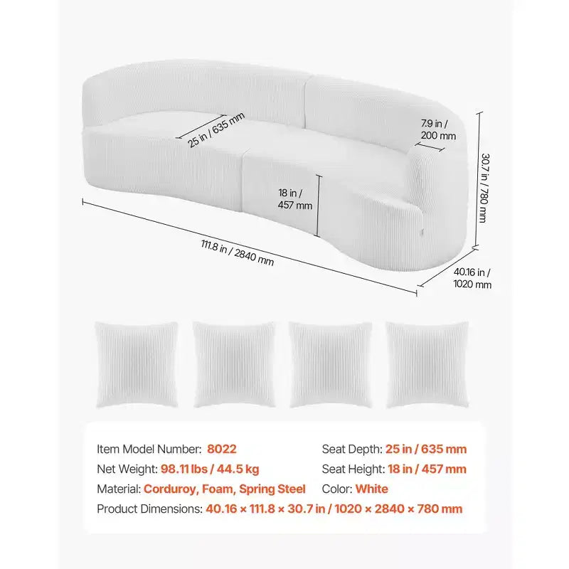 VEVOR Luxury Modern Cloud Plush Sectional Sofa, 112 Curved Modular Couch with 4 Pillows - Oversized Deep Seat Corduroy Fabric, White