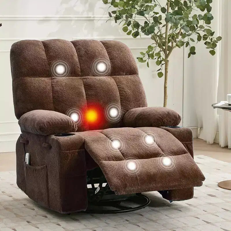 Sillón reclinable de masaje extragrande Ultra-Comfort con calor, balancín giratorio manual, incluye soporte lumbar, bolsillos laterales y dos portavasos para personas altas y grandes