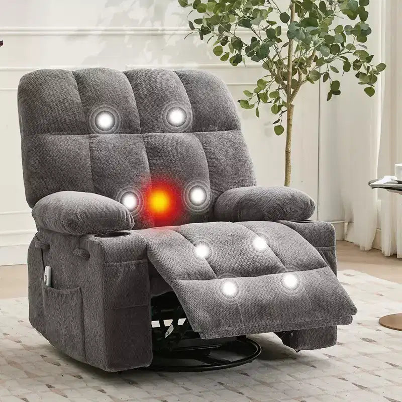 Sillón reclinable de masaje extragrande Ultra-Comfort con calor, balancín giratorio manual, incluye soporte lumbar, bolsillos laterales y dos portavasos para personas altas y grandes