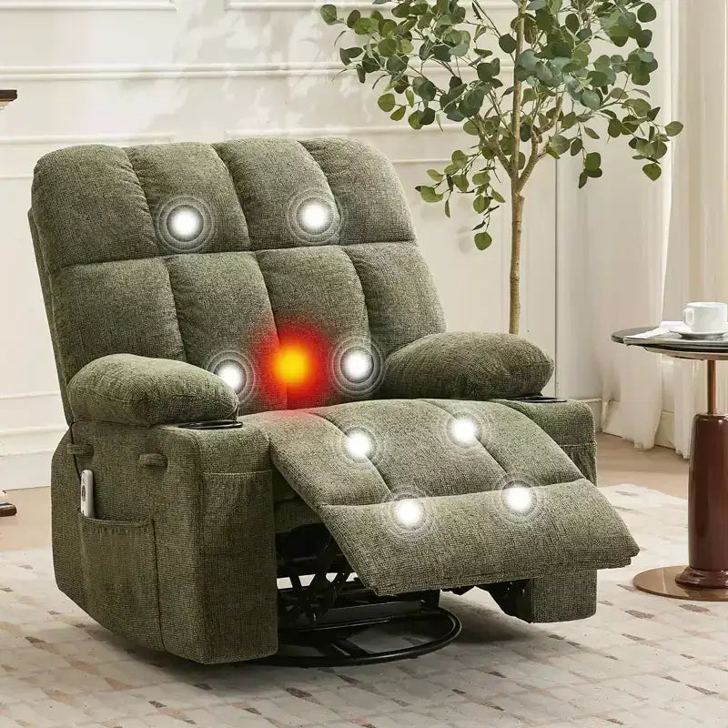 Sillón reclinable de masaje extragrande Ultra-Comfort con calor, balancín giratorio manual, incluye soporte lumbar, bolsillos laterales y dos portavasos para personas altas y grandes