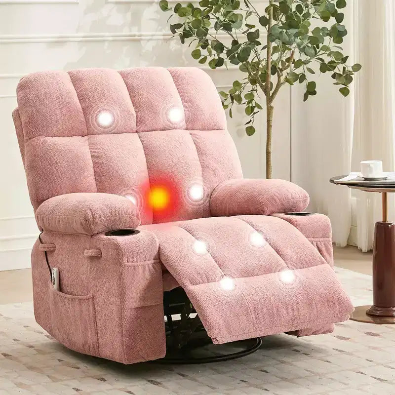 Sillón reclinable de masaje extragrande Ultra-Comfort con calor, balancín giratorio manual, incluye soporte lumbar, bolsillos laterales y dos portavasos para personas altas y grandes